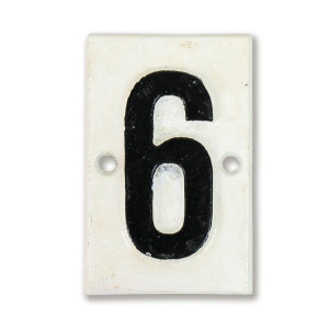 White cast iron Lambeth house number plaque with black numeral 6 and two mounting holes