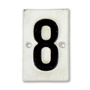 White cast iron Lambeth house number plaque with black numeral 8 and two mounting holes