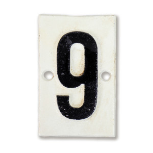 White cast iron Lambeth house number plaque with black numeral 9 and two mounting holes