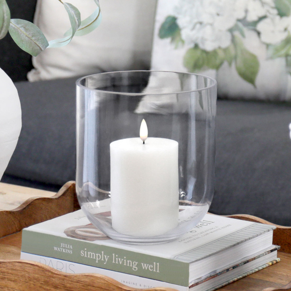 Large Haven Glass Candle Hurricane, a drinkware piece for serving and tabletop use