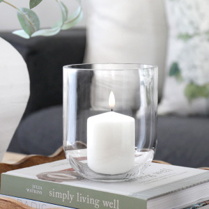 Small Haven Glass Candle Hurricane, a drinkware piece designed for serving beverages at the table