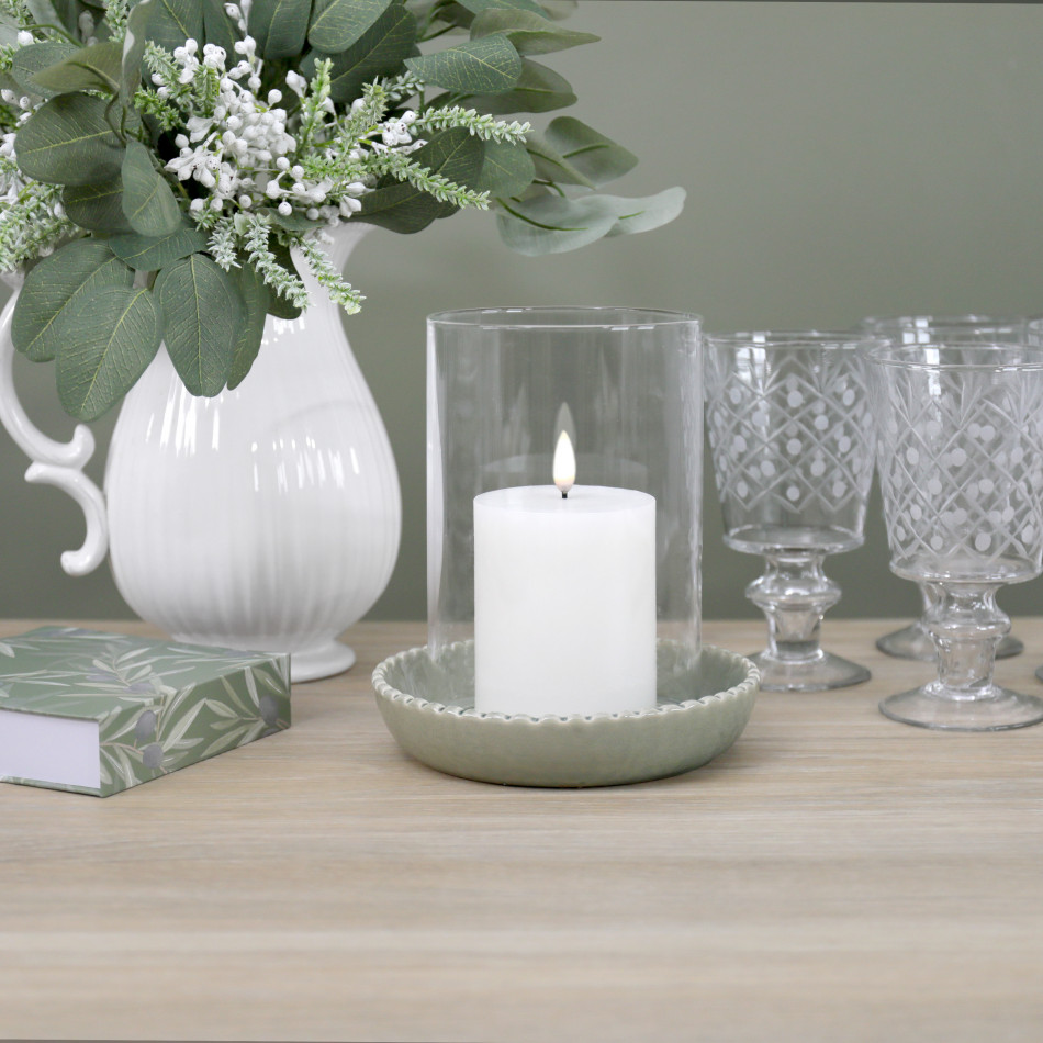 Large Corinella Green Ceramic Candle Hurricane, a decorative piece for displaying candlelight