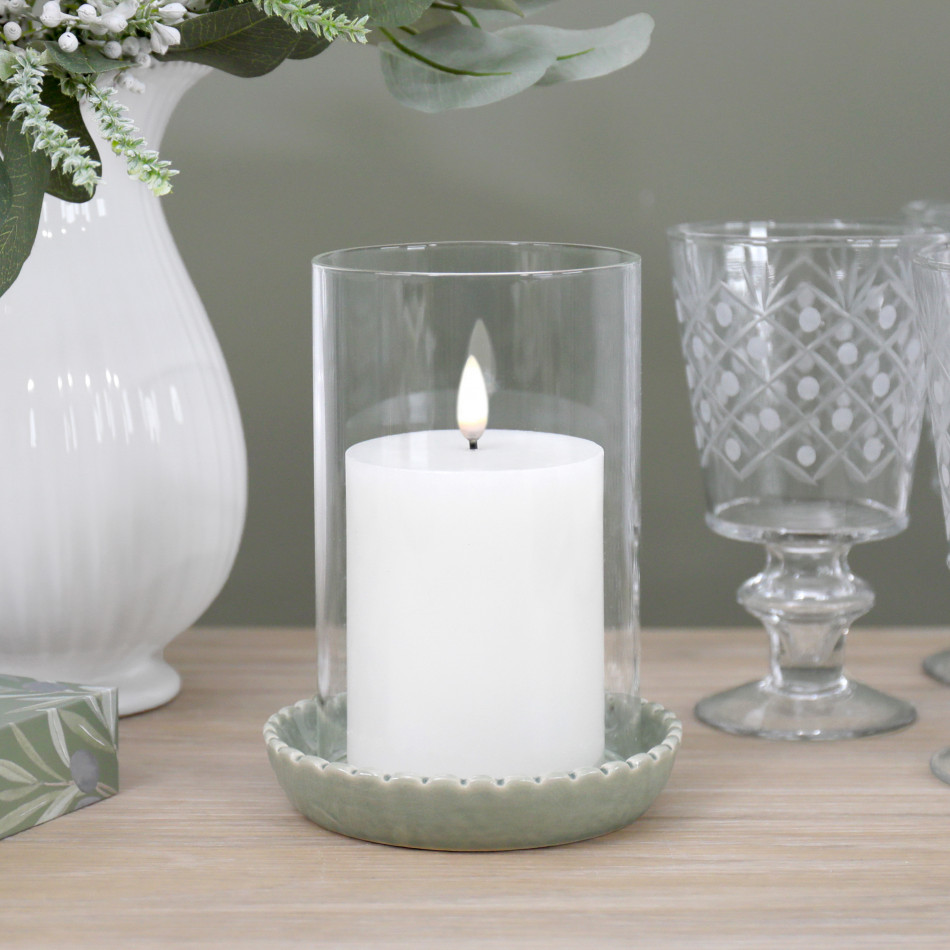 Small Corinella Green Ceramic Candle Hurricane, decorative lighting accessory