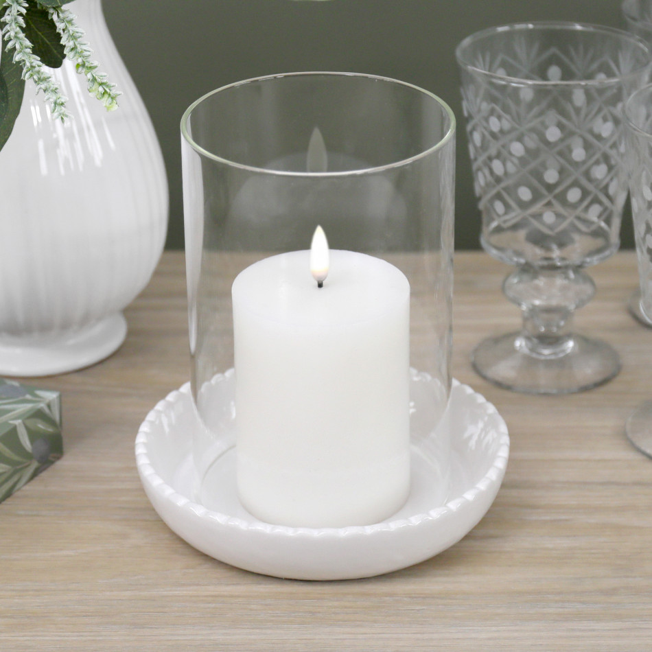 Large Corinella White Ceramic Candle Hurricane, a decorative accessory for safely presenting candles or tealights