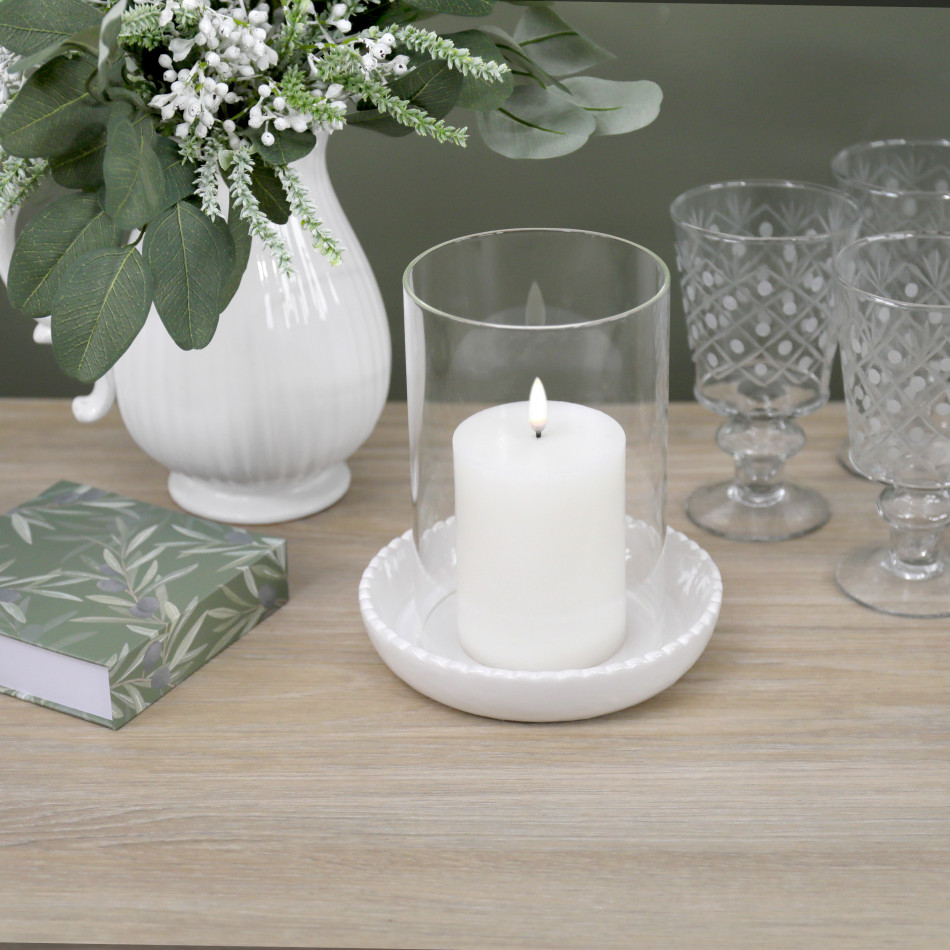 Large Corinella White Ceramic Candle Hurricane, designed to bring height, form and candlelight to a styled display