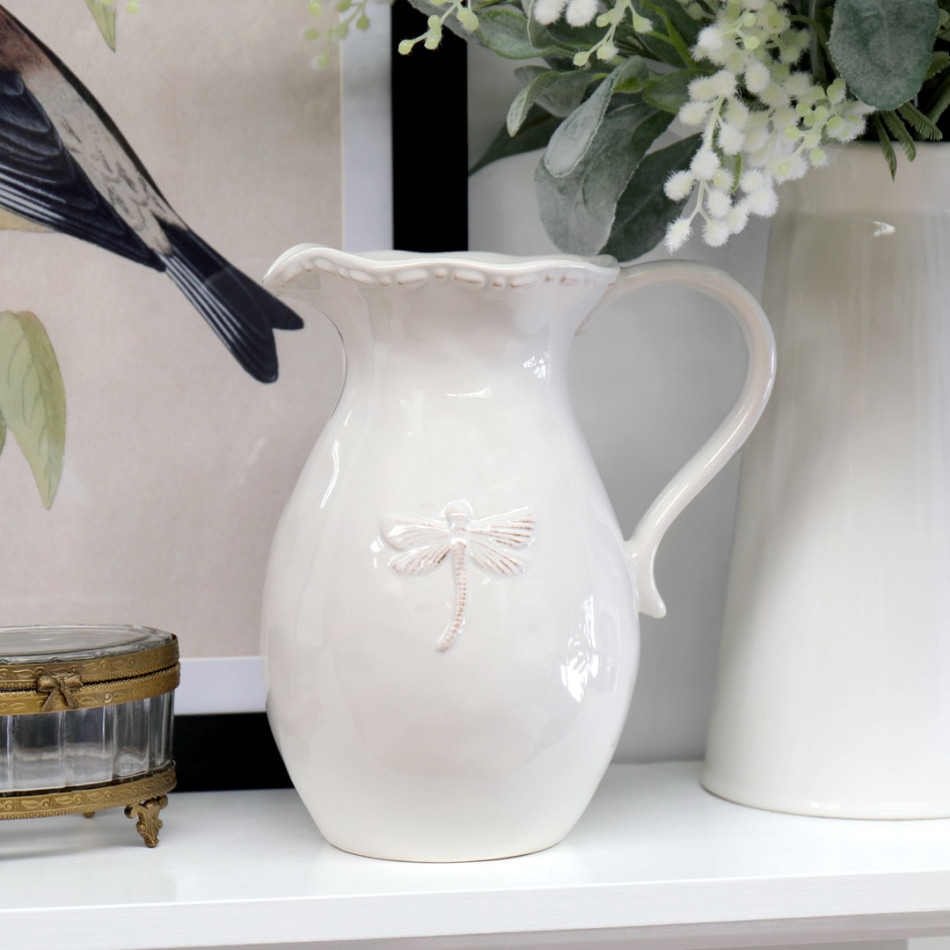 Dragonfly French Country White Jug, a decorative jug for serving or flower display