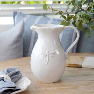 Dragonfly French Country White Jug, designed as a practical jug with decorative tabletop appeal