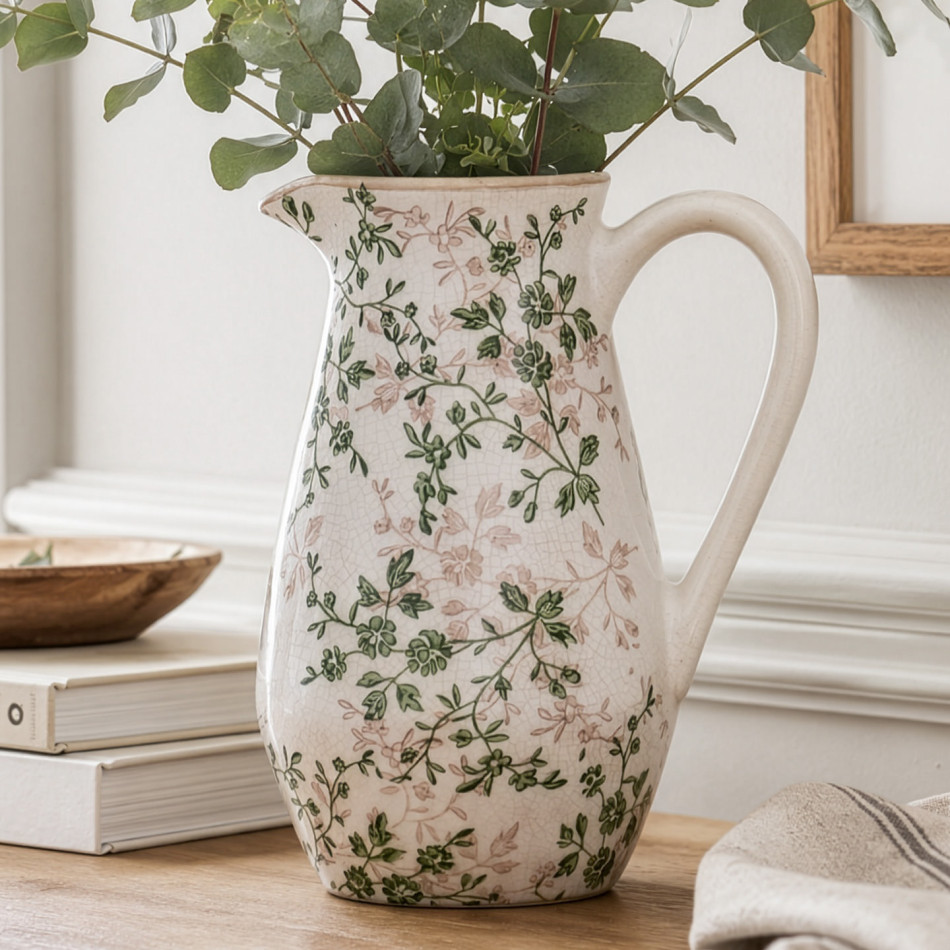 Evergreen floral ceramic jug filled with eucalyptus and styled on a timber console beside stacked books