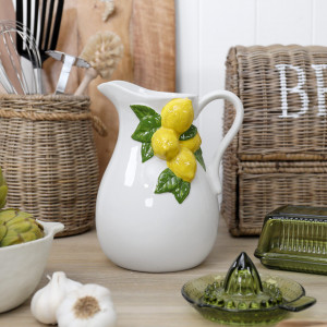 Limone Ceramic Jug - Yellow Lemons Pitcher, a handled vessel suited to serving or displaying a flower arrangement