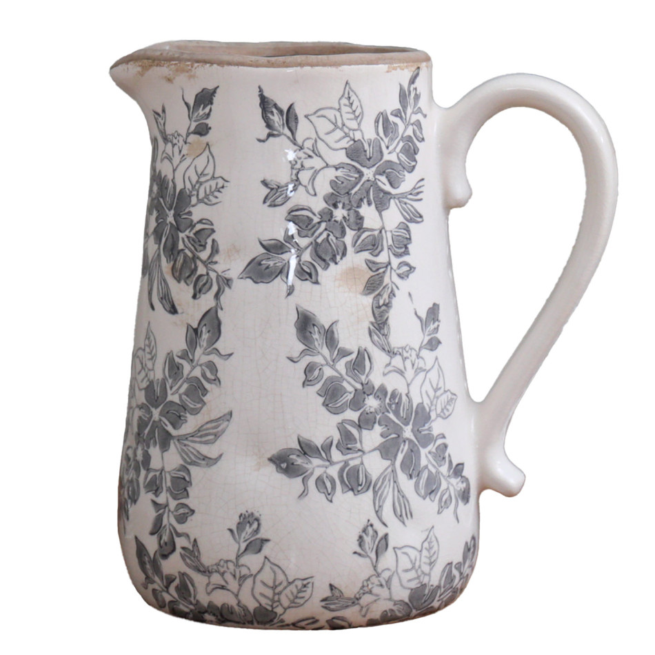 Front view of the Norwood grey floral ceramic jug with curved handle and pouring spout on white