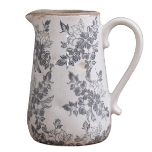 Front view of the Norwood grey floral ceramic jug with curved handle and pouring spout on white