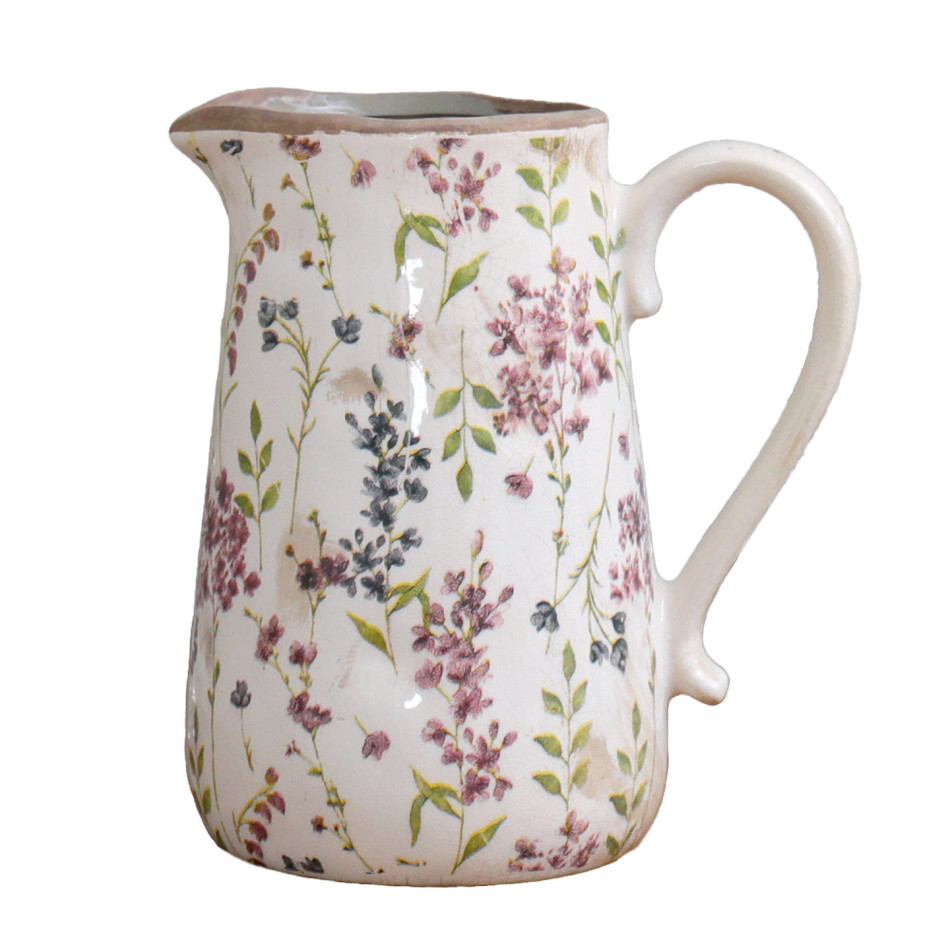 Front view of the Rosewood floral ceramic jug with curved handle and pouring spout on white