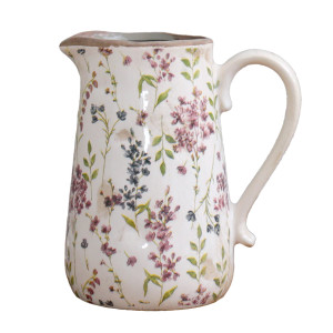 Front view of the Rosewood floral ceramic jug with curved handle and pouring spout on white