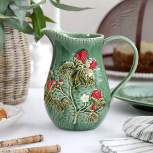 Wild Strawberry Green Jug, a handled vessel suited to serving or displaying a flower arrangement