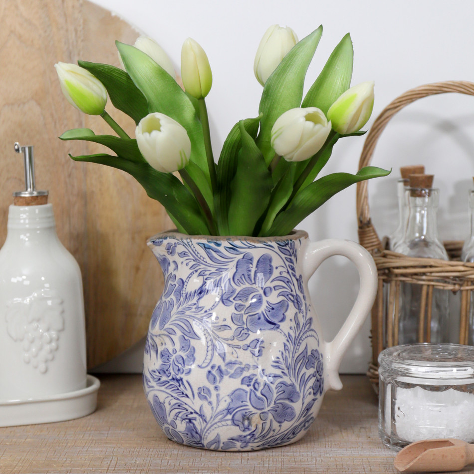 Short Wisteria Lane Blue Jug, a handled vessel suited to serving or displaying a flower arrangement