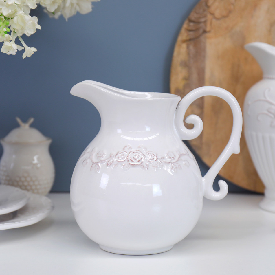 Aurelia Roses White Jug - Short, a decorative jug for serving or flower display