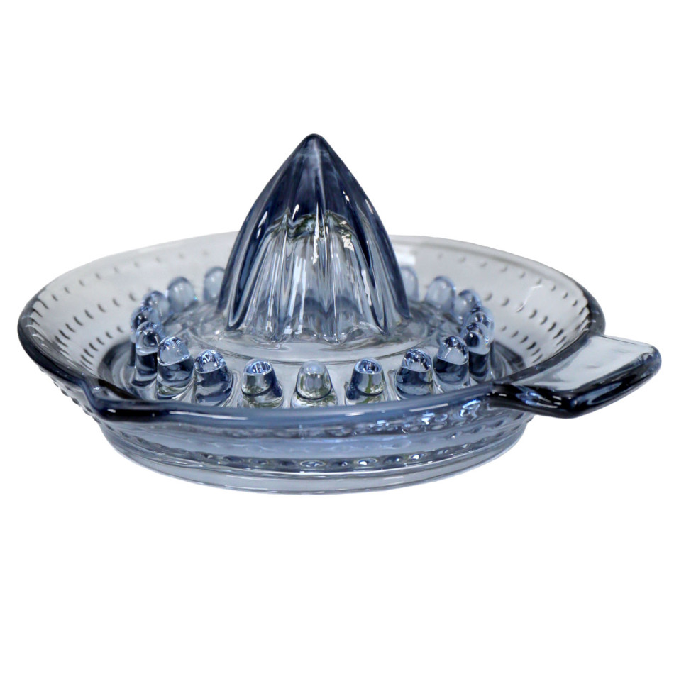 Soft blue glass citrus juicer with raised reaming cone, seed-catching points and side handle