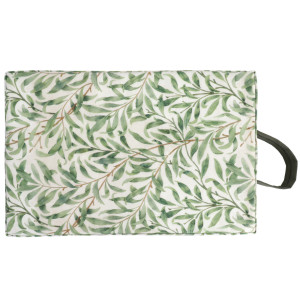 Top view of rectangular Greenhaven gardener's knee pad showing its green leaf pattern and side handle