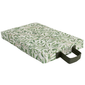 Angled view of Greenhaven gardener's knee pad with green leaf print, padded sides and dark green carry handle
