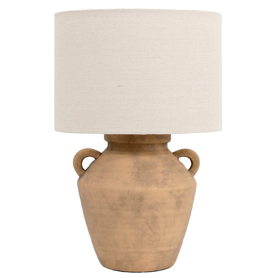 Small ceramic table lamp with a terracotta-effect urn base, two loop handles and a beige linen shade