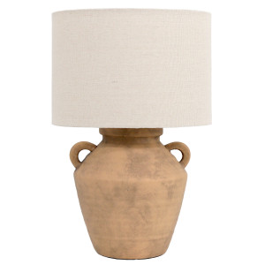 Small ceramic table lamp with a terracotta-effect urn base, two loop handles and a beige linen shade