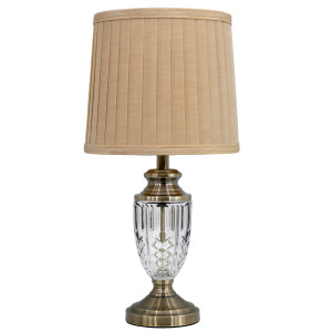 Molisana table lamp with patterned glass body, antique gold accents and beige pleated shade on white background