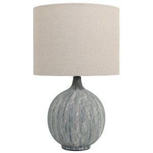 Sandringham blue ceramic table lamp with rounded textured base and off-white linen drum shade on white background