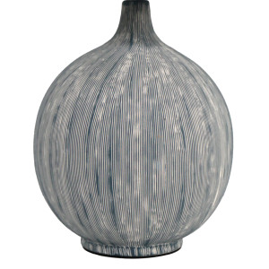 Close-up of the Sandringham lamp’s rounded blue ceramic base with fine pale vertical lines