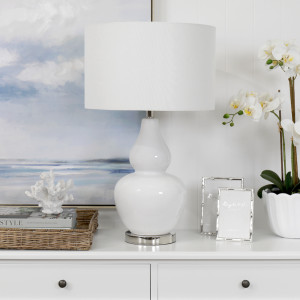 Full view of the Paloma white glass table lamp and coordinating shade