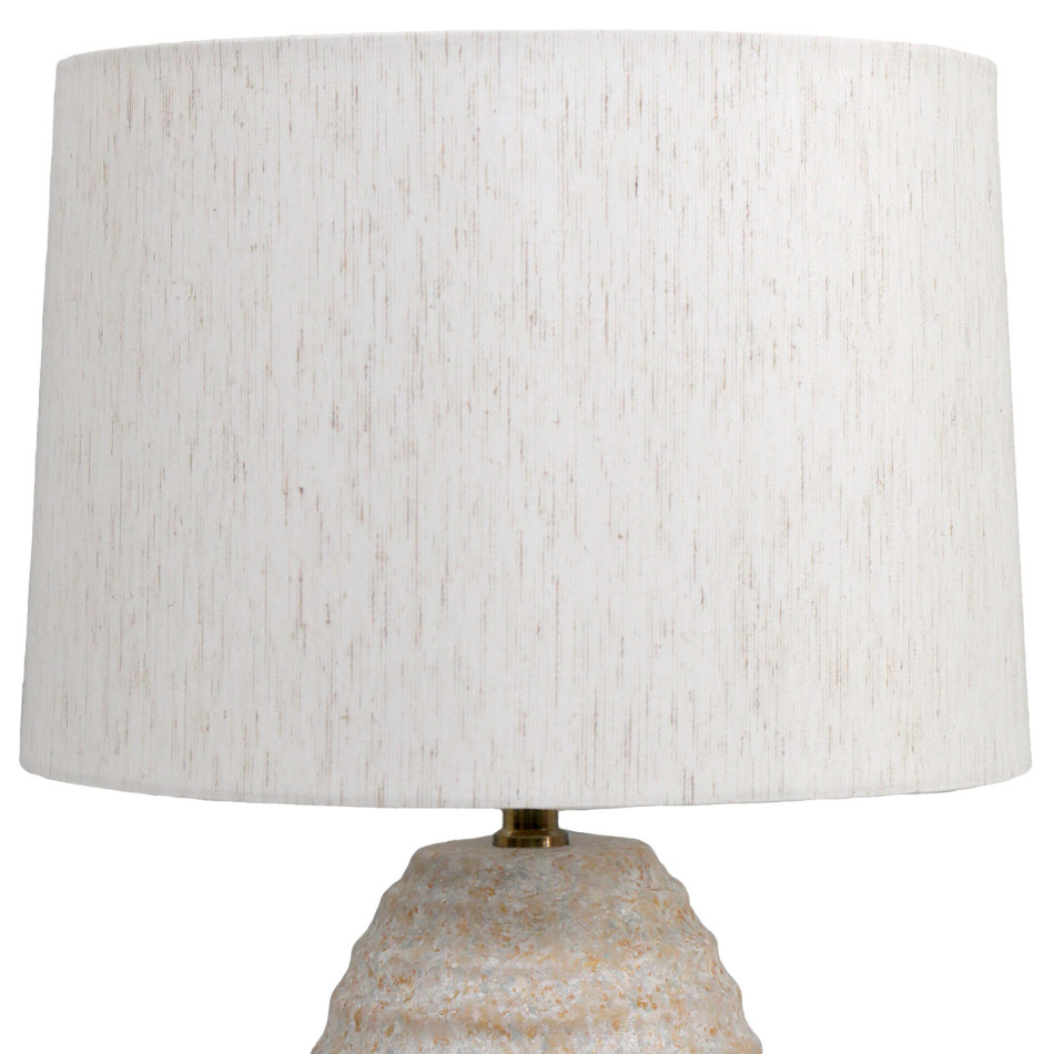 Close-up of the gently tapered off-white linen lampshade with visible natural-coloured threads