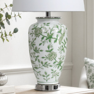 Lydia Green & White Ginger Jar Lamp + Shade