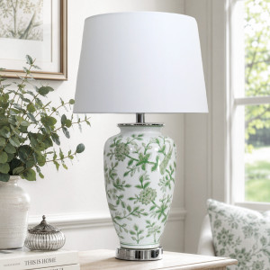 Lydia Green & White Ginger Jar Lamp + Shade