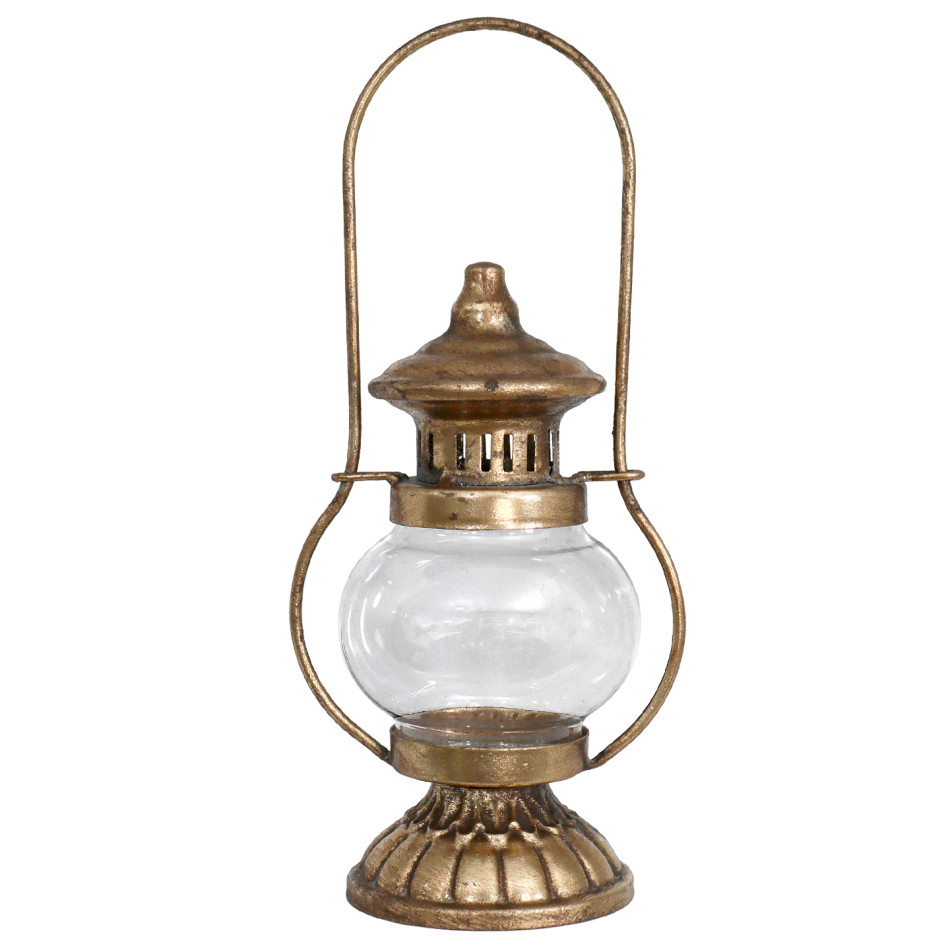 Yuletide gold iron and glass tealight lantern with an arched handle and ribbed base on a white background.