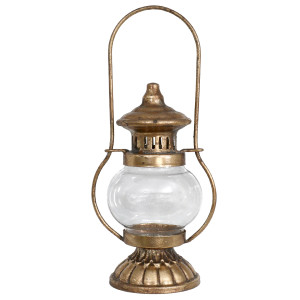Yuletide gold iron and glass tealight lantern with an arched handle and ribbed base on a white background.