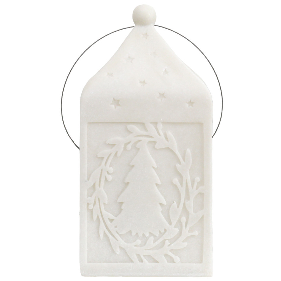 Unlit Large Silent Night Christmas lantern with tree, wreath and star detailing and a steel wire hanger on a white background.