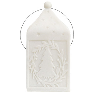 Unlit Large Silent Night Christmas lantern with tree, wreath and star detailing and a steel wire hanger on a white background.