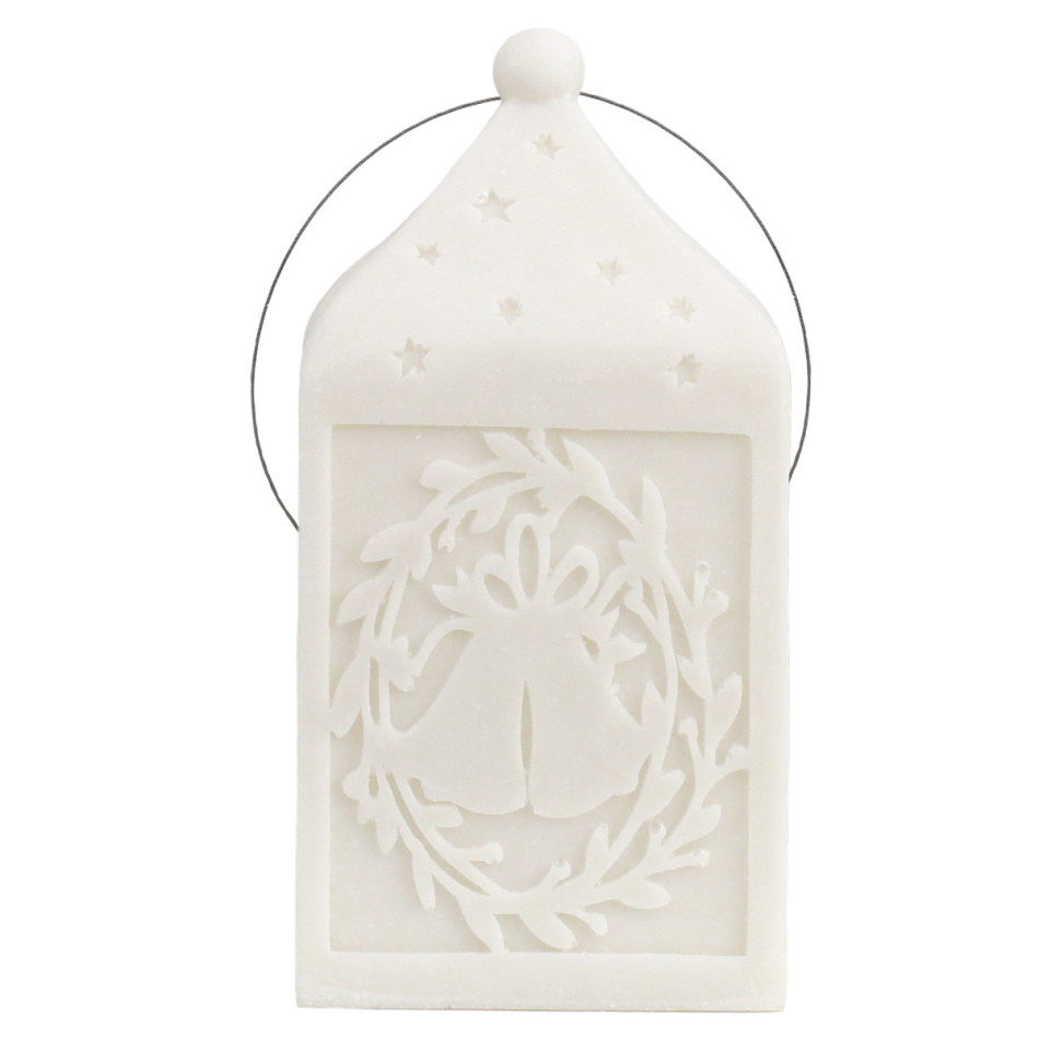 Unlit Small Silent Night white Christmas lantern with bells, leafy wreath, stars and a steel wire hanger on a white background.