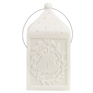 Unlit Small Silent Night white Christmas lantern with bells, leafy wreath, stars and a steel wire hanger on a white background.