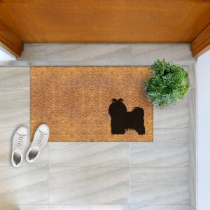 Maltese dog coir doormat styled at an exterior doorway