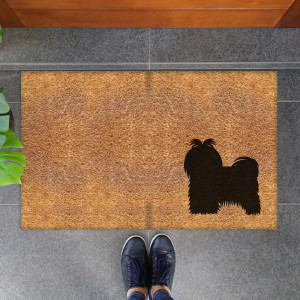 Natural coir doormat with a black Maltese dog silhouette in the lower corner