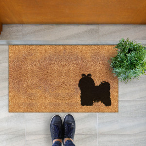 Natural coir doormat with a black Maltese dog silhouette in the lower corner