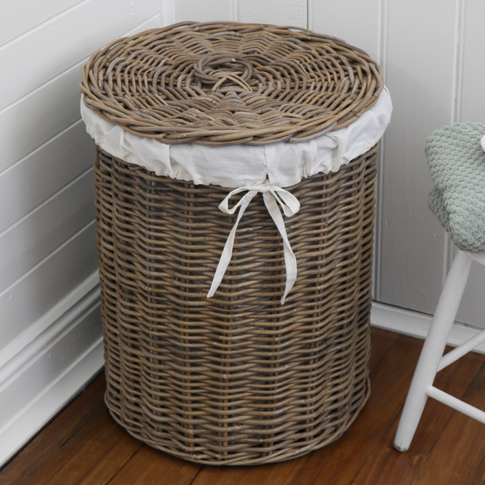 Provence Round Rattan Laundry Basket with Lid - Large, woven storage basket
