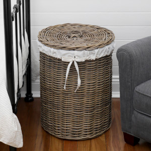 Provence Round Rattan Laundry Basket with Lid - Large, designed as a versatile storage accent for an interior space