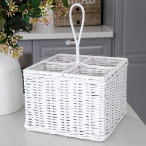 Laurent Cutlery & Wine Caddy - White, woven storage basket