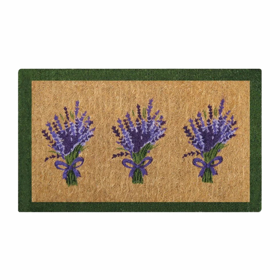 Regular sized natural coir doormat with green boarder and lavender bunch design