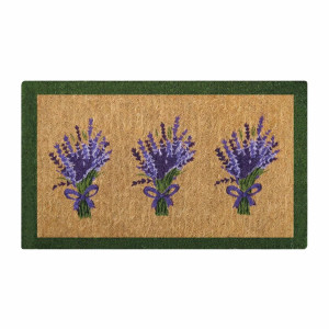 Regular sized natural coir doormat with green boarder and lavender bunch design