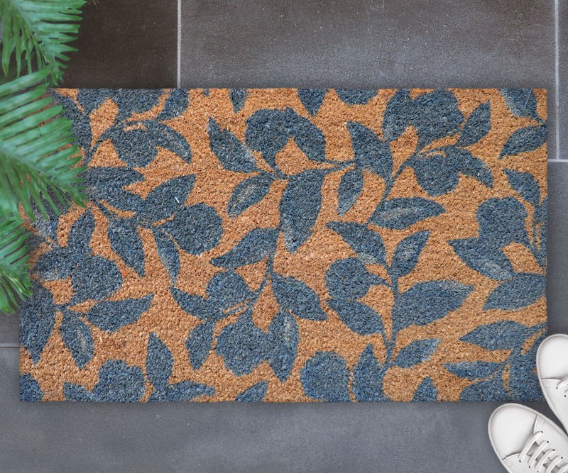 Riviera Steel Blue Leaves Doormat 75x45cm Clearance Sale at French Knot