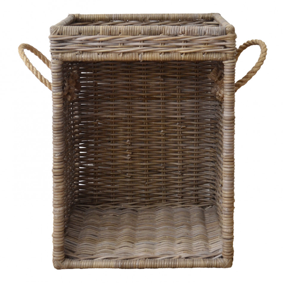 Front product view of the open rattan log basket with rope handles and raised tabletop