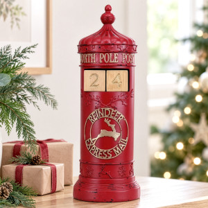 Red mailbox Christmas countdown showing 24, styled beside on a sideboard with a Christmas tree in the background