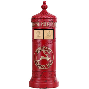 Traditional red mailbox countdown with wooden number blocks and gold-coloured reindeer lettering on white